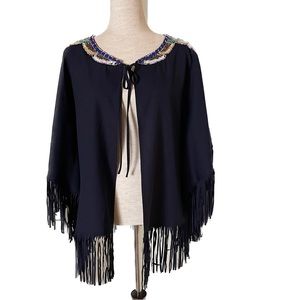 ALBERTO MAKALI Navy Blue Beaded Cape Poncho with Fringe, Size Medium
